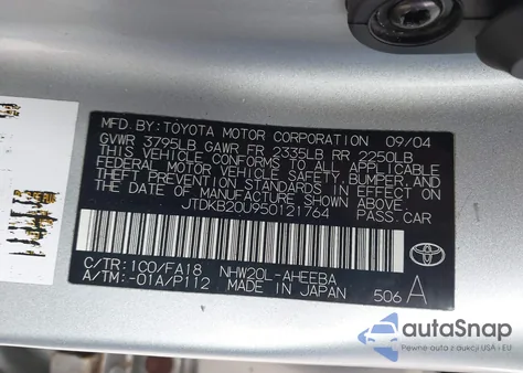 2005 Toyota Prius из США, поврежденный, VIN JTDKB20U950121764